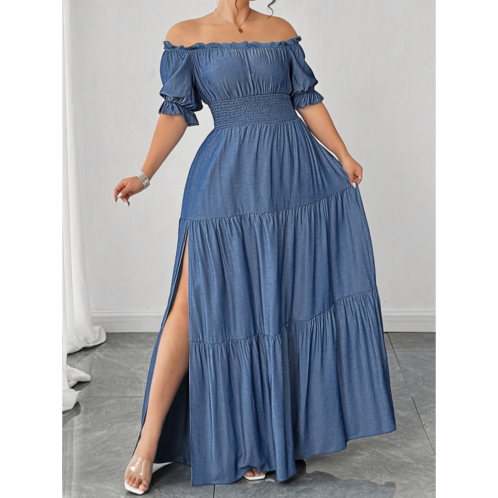 [Plus Size Elegant Party Dress] Elegant Plus Size Women's Off-the-Shoulder/One-Shoulder Party Dress | Formal/Evening Gown, Machine Washable Non-See-Through Fabric, Flared Hem Maxi Dress for Formal Events, Galas, Everyday Evening Outfits YZ302