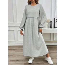 Plus Size - Women'S Casual Long Sleeve Dress - Light Gray, Loose Fit, Round Neck, Mid-Length, All-Season Comfort, Perfect for Weekend Outings, Casual Outing Attire | Relaxed Fit Dress | Comfortable Footwear
