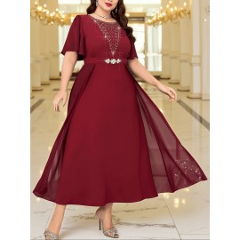 Plus Size - 2025 New Plus-Size Women'S Summer Dress with a Waist-Cinching Design That Flatters The Figure, Elegantly Concealing The Belly, Featuring a Stylish Faux Two-Piece A-Line Silhouette.