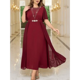 Plus Size - 2025 New Plus-Size Women'S Summer Dress with a Waist-Cinching Design That Flatters The Figure, Elegantly Concealing The Belly, Featuring a Stylish Faux Two-Piece A-Line Silhouette.