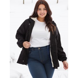 Women'S Plus Size Winter Coat, Long Sleeve, Solid Color, Polyester, Hooded, Casual Style, Open Front, Woven, A-Line Hem, No Belt, Regular Fit, Non-Waterproof