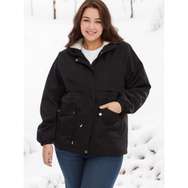 Women'S Plus Size Winter Coat, Long Sleeve, Solid Color, Polyester, Hooded, Casual Style, Open Front, Woven, A-Line Hem, No Belt, Regular Fit, Non-Waterproof