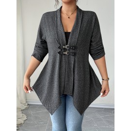 [Plus Size Cardigan] Plus Size - Women's Elegant Casual Cardigan - Long Sleeve, Asymmetrical Hem, Button- Front, Button Closure, Medium Stretch, Solid Color, Perfect for Fall/Winter, Casual Wear Cardigan | Asymmetrical Hemline | Button Closure Coat
