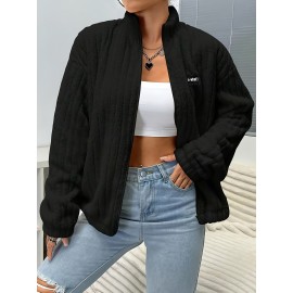 Plus Size, Plus Size Women's Elegant Casual Double-Faced Fleece-Lined Jacket with Ribbed Cuffs & High Neck, 100% Polyester Machine-Washable All-Season Outerwear, Black