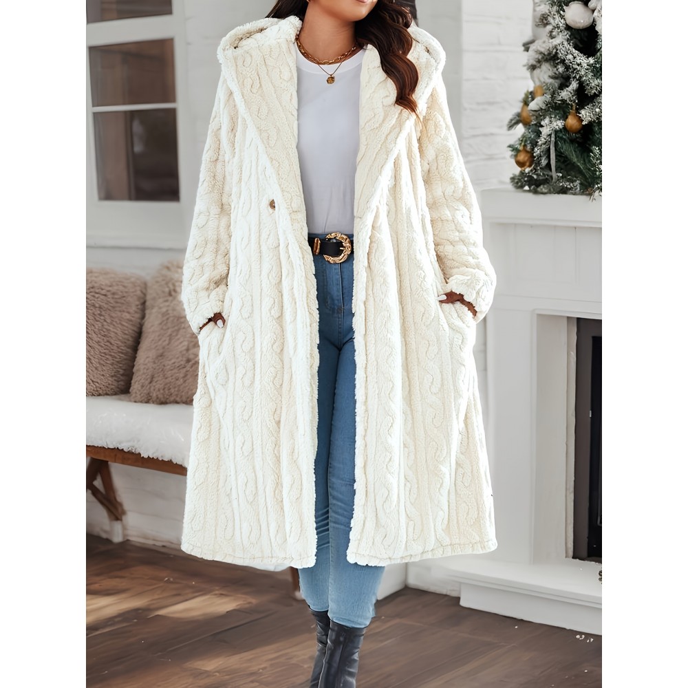 Plus Size - Women'S Plush Fleece-Lined Hooded Coat - Cozy Double-Breasted Mid-Length Winter Coat with Fluffy Lining, Elegant Solid Color Design for Fall/Winter, Warm & Stylish Outerwear, Winter Coats, Fall Fashion, Soft Texture