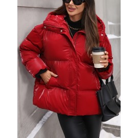 Plus Size - Plus Size Women'S Elegant Hooded Winter Coat - Warm Zip-Up Jacket with Long Sleeves, Solid Color Regular Fit for Cold Weather, Stylish Outdoor & Casual Wear, Winter Coats, Cold Weather Apparel, Sleek Design, Structured Design