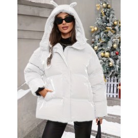 Plus Size - Plus Size Women'S Elegant Hooded Winter Coat - Warm Zip-Up Jacket with Long Sleeves, Solid Color Regular Fit for Cold Weather, Stylish Outdoor & Casual Wear, Winter Coats, Cold Weather Apparel, Sleek Design, Structured Design