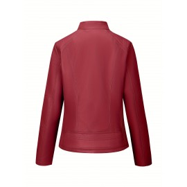 [Brown Biker Jacket] Brown Faux Leather Plus Size Women's Casual Biker Jacket | Short Motorcycle Jacket with Zipper Closure, Turn-Collar & Long Sleeves for Spring/Fall, Versatile Outerwear, Sleek Design, Durable Fabric