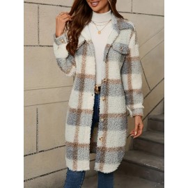 Women's Casual Plaid Faux Fur Coat with Button Front & Lapel Collar - Machine Washable All-Season Outerwear Beige/White/Brown/Gray/Black, Casual Attire, Stylish Jacket, Cozy Fabric, Buttonup Jacket, Fashion Lovers