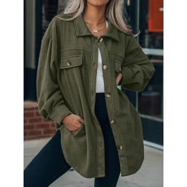 Plus Size - Plus Size - Women'S Plus Size Olive Green Bomber Jacket - Casual Long Sleeve with Pockets, Lapel Collar, Drop Shoulder Design, Perfect for Spring/Fall Commute and Daily Outings, Casual Outerwear | Relaxed Fit Jacket | Functional Pockets