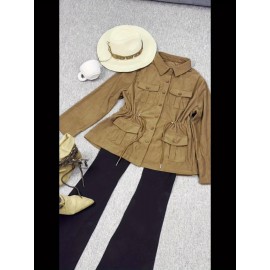 Plus Size, French Elegant Drawstring Waist Women's Plus Size Jacket with Turn- Collar Long Sleeve Pocket Casual Solid Color Blazer