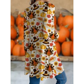 [Plus Size Turkey Cardigan] Plus Size Women's Thanksgiving Turkey Print Long Sleeve Cardigan | Lightweight Open Front, Stretchy Machine-Washable, Versatile Layering, Seasonal Fashion, Durable, Breathable