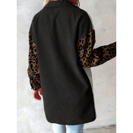 Plus Size, Plus Size Women's Oversized Coat - White & Mustard-Yellow Lapel Collar Jacket with Leopard Print Sleeves, Lapel Button-Front Blazer, Structured All-Season Outerwear (Machine Washable) for Casual & Professional Wear