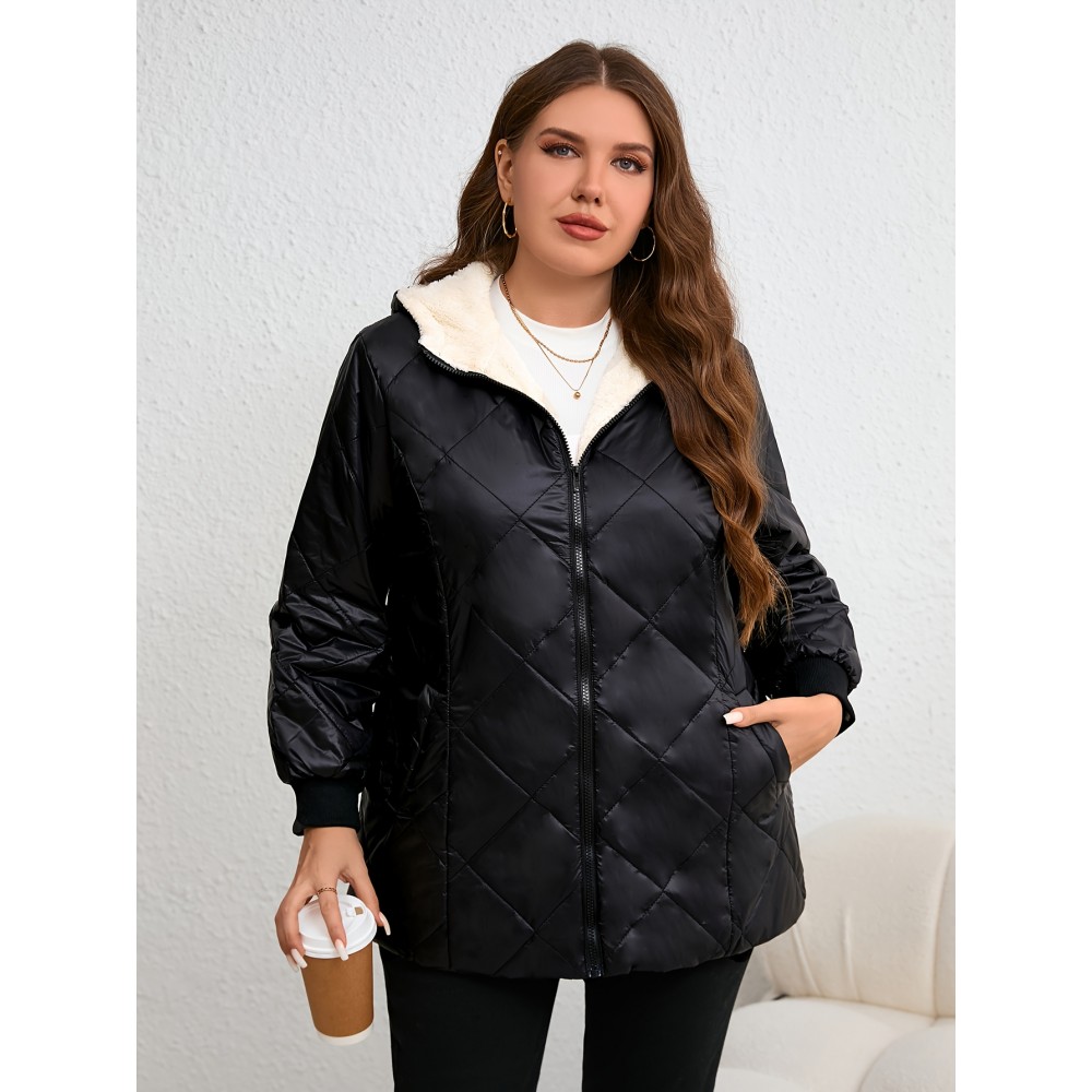 Plus Size, Plus Size Women's Elegant Winter Hooded Coat - Thickened Warm Long Sleeve Black Jacket with White Lining, Machine Washable Regular Fit for Casual & Formal Outfits