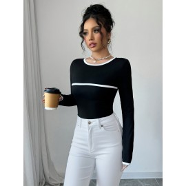 Women'S Elegant Casual Long Sleeve T-Shirt - Slim Fit, Round Neck, Solid Black with White Striped Detail, Stretchy Polyester Blend, Machine Washable, All-Season Comfort