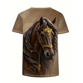Women's Casual Elegant Horse Graphic T-Shirt - Short Sleeve Round Neck Summer Top with Majestic Black Horse & Golden Bridle Design, Machine Washable Regular Fit, Horse Shirt, Comfortable Pullover, Regal Aesthetic Apparel, Detailed Digital Print