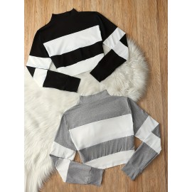 2pcs Set Color Block Spliced Short Sleeve Long T-Shirt Women's Crop Top High Neck Casual Chic New Style