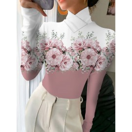 Women's Elegant Slim-Fit Long Sleeve Turtleneck Top with Floral Print - Soft Pink & White H-Line Silhouette Blouse, All-Season Machine Washable Shirt for Casual & Formal Wear
