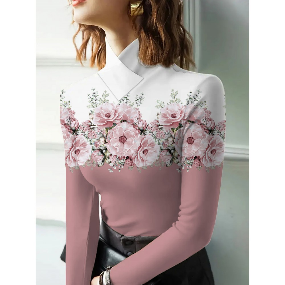 Women's Elegant Slim-Fit Long Sleeve Turtleneck Top with Floral Print - Soft Pink & White H-Line Silhouette Blouse, All-Season Machine Washable Shirt for Casual & Formal Wear