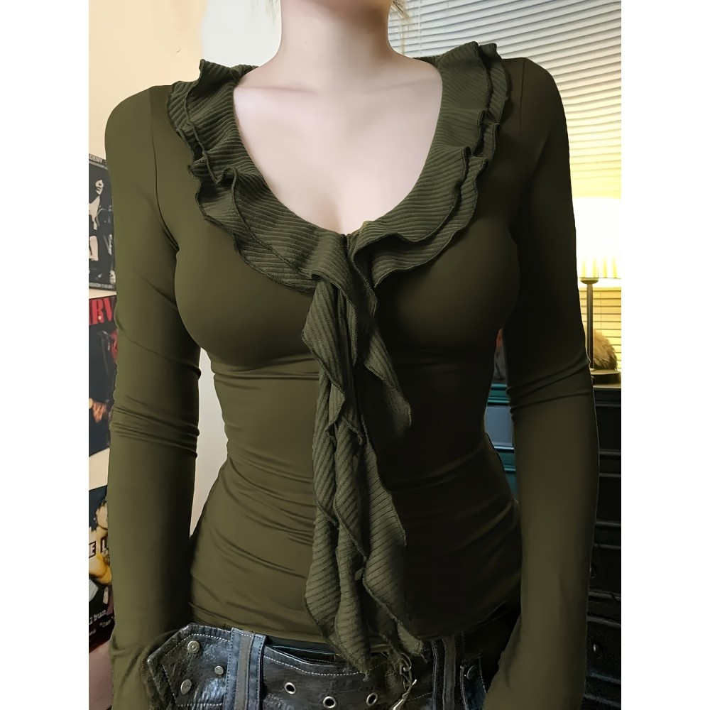 Women'S Vintage-Inspired Ruffle Trim Long Sleeve T-Shirt - Slim Fit, Black, Casual Style with Tie Waist Detail, All-Season Wear, Casual Wear Tee | Ruffle Detail Top | Glossy Texture