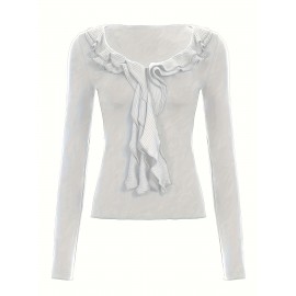 Women'S Vintage-Inspired Ruffle Trim Long Sleeve T-Shirt - Slim Fit, Black, Casual Style with Tie Waist Detail, All-Season Wear, Casual Wear Tee | Ruffle Detail Top | Glossy Texture