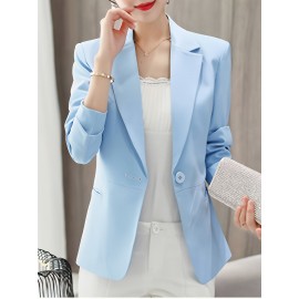 [Elegant Blazer] Polyester Elegant Light Blue Blazer | Women's Single-Breasted Long Sleeves Jacket - Regular Fit, Button-Up Design, Office Attire for Spring/Summer/Fall