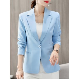[Elegant Blazer] Polyester Elegant Light Blue Blazer | Women's Single-Breasted Long Sleeves Jacket - Regular Fit, Button-Up Design, Office Attire for Spring/Summer/Fall