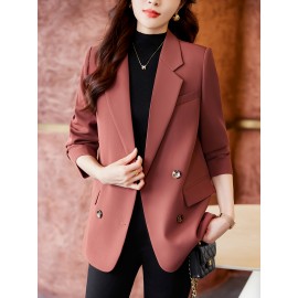 1pc Elegant Women'S Chic Blazer - Polyester Long Sleeve Solid Color Loose Fit Double Breasted Jacket with Button Details for Spring/Fall