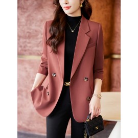 1pc Elegant Women'S Chic Blazer - Polyester Long Sleeve Solid Color Loose Fit Double Breasted Jacket with Button Details for Spring/Fall