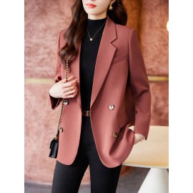 1pc Elegant Women'S Chic Blazer - Polyester Long Sleeve Solid Color Loose Fit Double Breasted Jacket with Button Details for Spring/Fall