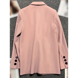 Elegant Pink Double-Breasted Blazer for Women - Versatile Office & Commuter Jacket with Pockets, Long Sleeve, Polyester, Perfect for All Seasons, Office Attire|Sleek Formal Attire|Polyester Blazer