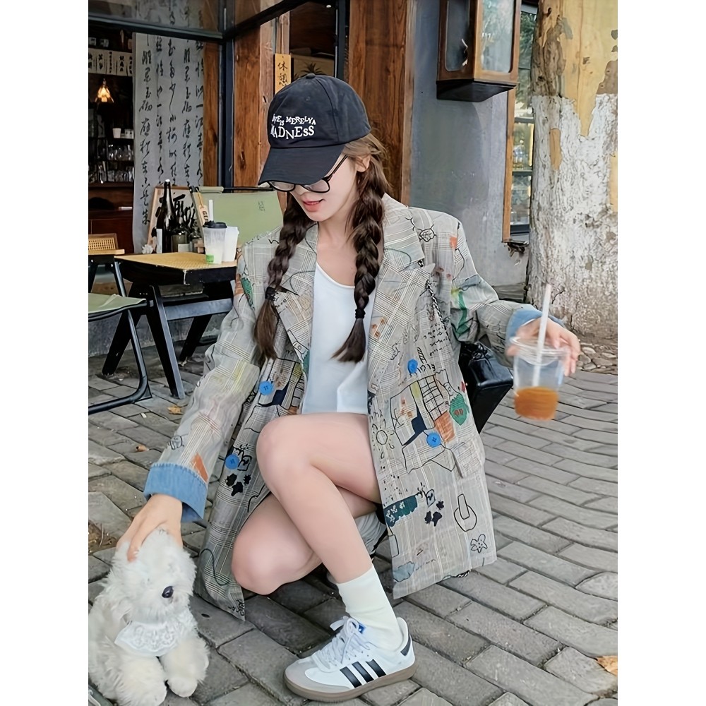 Women's Geometric Print Casual Coat - Loose Fit Mid-Length Jacket with Buttons, 100% Polyester, All-Season Versatile Outerwear