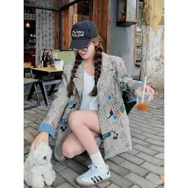 Women's Geometric Print Casual Coat - Loose Fit Mid-Length Jacket with Buttons, 100% Polyester, All-Season Versatile Outerwear