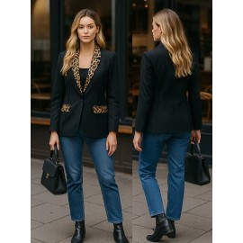 Women's Professional Blazer - Elegant Black & Golden button-front Jacket, Structured H-Silhouette for Office, Formal Events, Everyday - Machine Washable Non-Stretch Blazer Coat