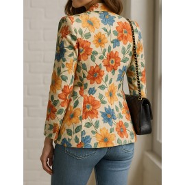 [Floral Print Blazer for Women] Elegant Floral Print Blazer for Women - Vibrant Orange, Yellow & Blue Flowers, Single-Breasted Notch Lapel Jacket, Long Sleeve Regular Fit, All-Season Versatile Office & Casual Wear, Chic Workwear, Sophisticated Tailoring