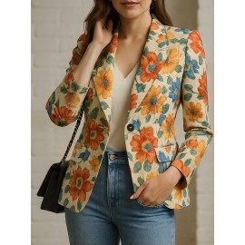 [Floral Print Blazer for Women] Elegant Floral Print Blazer for Women - Vibrant Orange, Yellow & Blue Flowers, Single-Breasted Notch Lapel Jacket, Long Sleeve Regular Fit, All-Season Versatile Office & Casual Wear, Chic Workwear, Sophisticated Tailoring