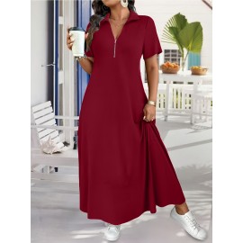 Elegant Plus Size French-Inspired Summer Dress • Waist-Cinching • Short Sleeves • Zipper Detail • Solid Color • Pockets • Flowy Skirt