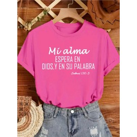 Women's Casual Short Sleeve T-Shirt - Vibrant Purple with White Spanish Scripture Letter Print (Isaiah 30:5), 100% Polyester Knit, Lightweight 180g All-Season Top, Machine Washable