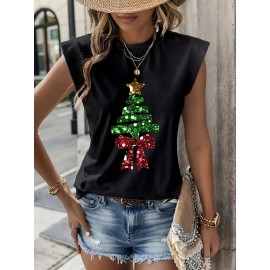 Holiday Cheer| Festive Yellow Christmas Tree Print T-Shirt for Women - Soft Stretch Fabric, Round Neck, Sleeveless Design with Glittery Star & Bow Detail, Machine Washable, Perfect for All Seasons, Christmas Garland